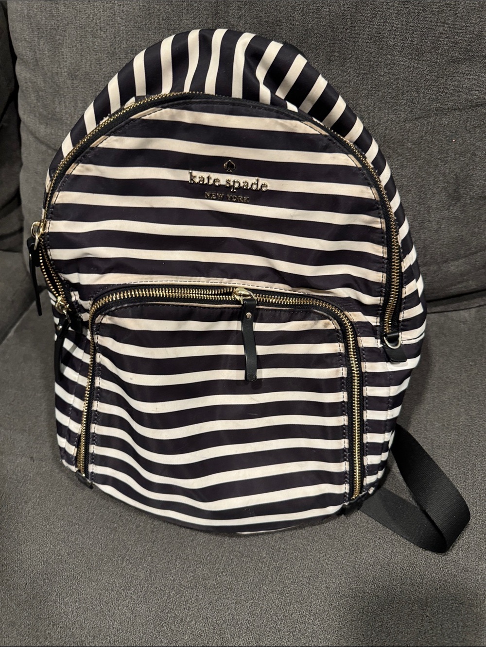 kate spade Black and White Striped Nylon Backpack with Gold Hardware